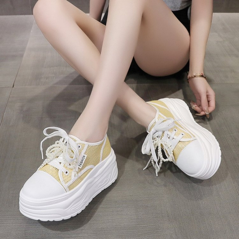 Pantofi sport cu toc ultra-înalt, cu șireturi, din plasă, respirabili, vara 2025, cu vârf rotund și mărgele, culoare pură, tendință simplă