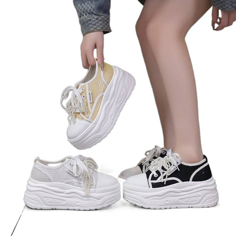 Pantofi sport cu toc ultra-înalt, cu șireturi, din plasă, respirabili, vara 2025, cu vârf rotund și mărgele, culoare pură, tendință simplă