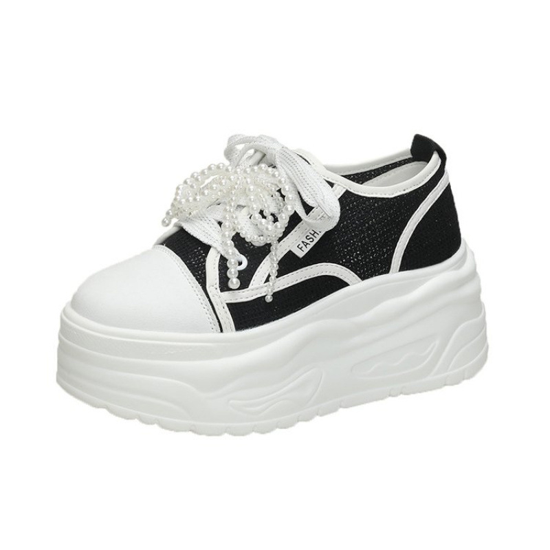 Pantofi sport cu toc ultra-înalt, cu șireturi, din plasă, respirabili, vara 2025, cu vârf rotund și mărgele, culoare pură, tendință simplă