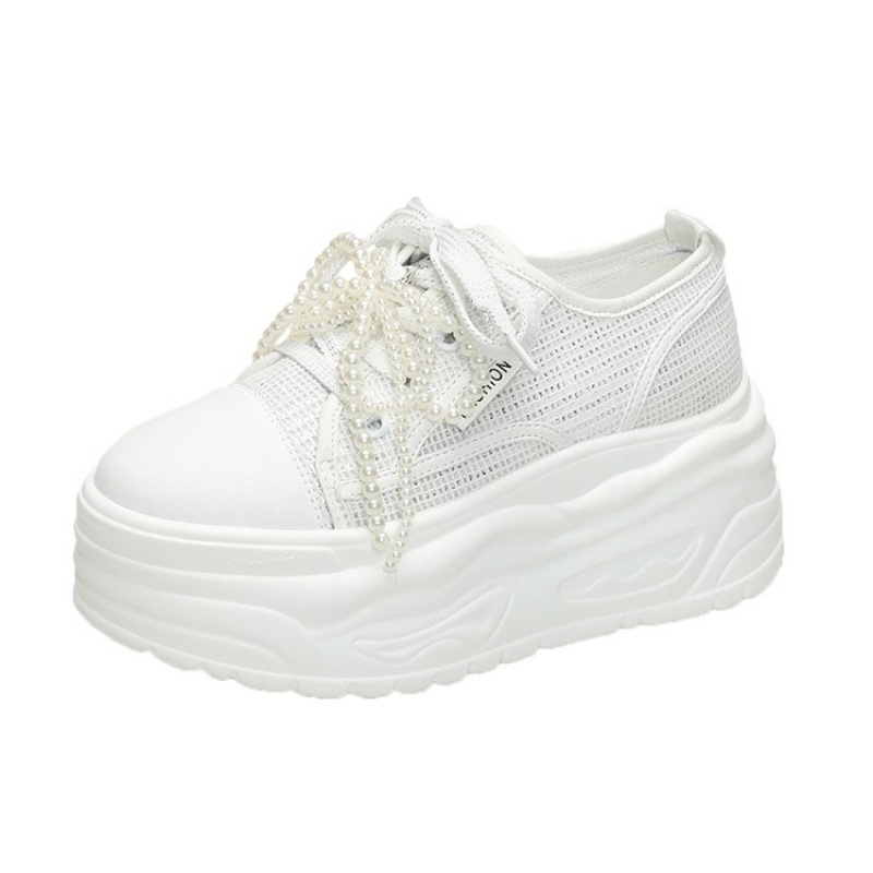 Pantofi sport cu toc ultra-înalt, cu șireturi, din plasă, respirabili, vara 2025, cu vârf rotund și mărgele, culoare pură, tendință simplă