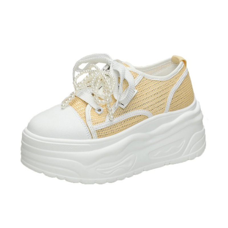 Pantofi sport cu toc ultra-înalt, cu șireturi, din plasă, respirabili, vara 2025, cu vârf rotund și mărgele, culoare pură, tendință simplă