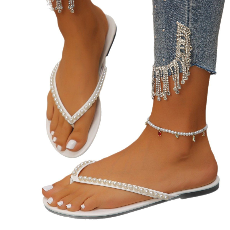 Sandale de plajă antiderapante cu fund plat pentru femei, ținute de vară 2025, cu fund moale și perle, en-gros