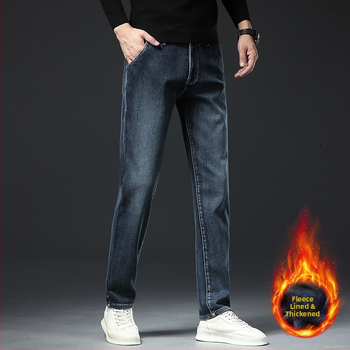 Gyapjúbéléssel ellátott farmernadrág Férfi 2024 őszi és téli új középkorú üzleti rugalmas, laza, minden mérkőzésre alkalmas, egyenes hosszú nadrág férfiaknak