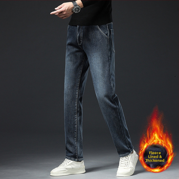 Gyapjúbéléssel ellátott farmernadrág Férfi 2024 őszi és téli új középkorú üzleti rugalmas, laza, minden mérkőzésre alkalmas, egyenes hosszú nadrág férfiaknak