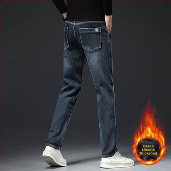 Gyapjúbéléssel ellátott farmernadrág Férfi 2024 őszi és téli új középkorú üzleti rugalmas, laza, minden mérkőzésre alkalmas, egyenes hosszú nadrág férfiaknak