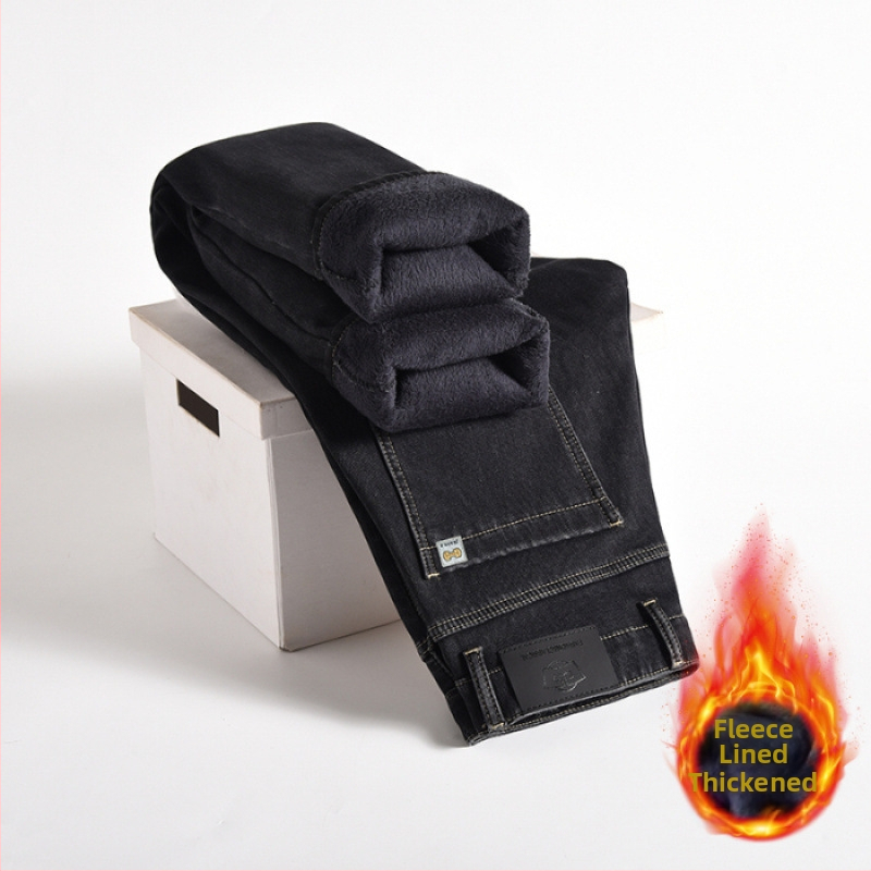 Gyapjúbéléssel ellátott farmernadrág Férfi 2024 őszi és téli új középkorú üzleti rugalmas, laza, minden mérkőzésre alkalmas, egyenes hosszú nadrág férfiaknak