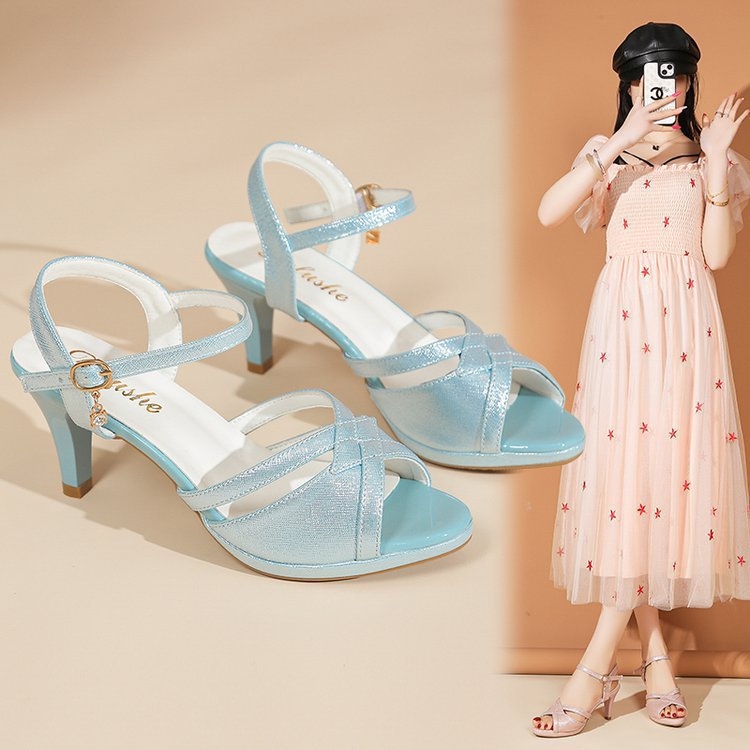 Naiste väliskaubanduse sandaalid 2025. aasta uued suvised naiste kõrged kontsad, paksu kontsaga, kalasuu, tudengiroosad, keskmise kontsaga naistekingad