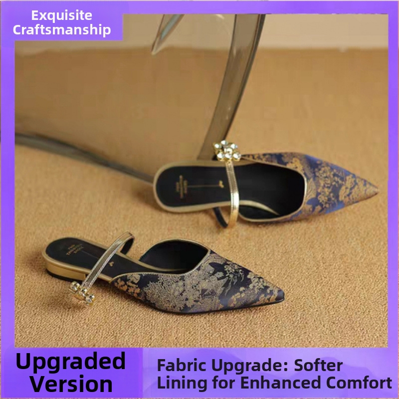 Naujos kiniško stiliaus žakardo, kalnų krištolinės, žemakulnės šlepetės moterims, vasarinės, naujos, stilingos, storakulnės, smailios nosies, basutės su tingiu padu