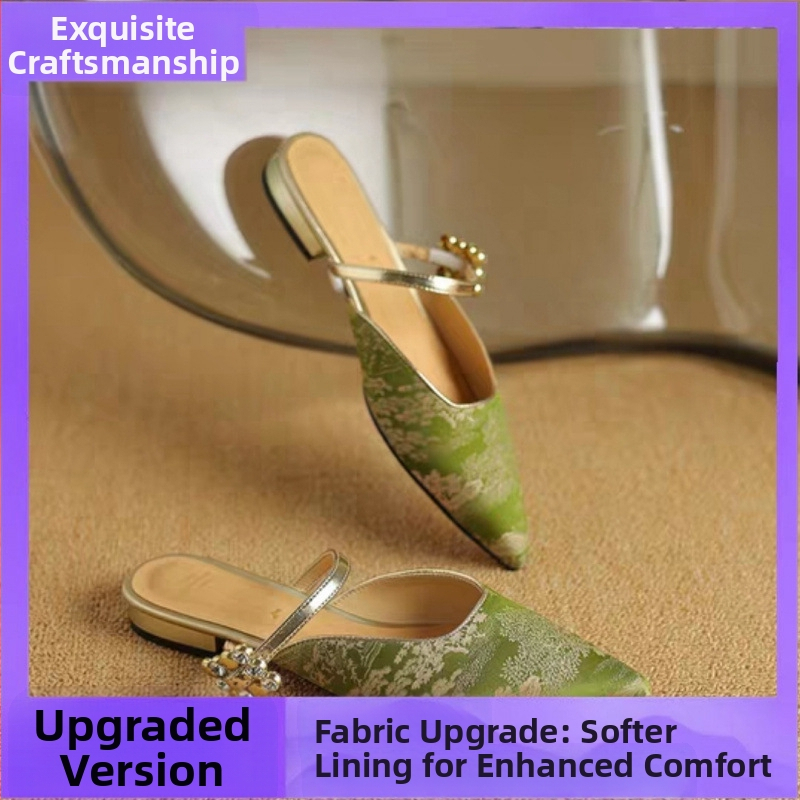 Naujos kiniško stiliaus žakardo, kalnų krištolinės, žemakulnės šlepetės moterims, vasarinės, naujos, stilingos, storakulnės, smailios nosies, basutės su tingiu padu