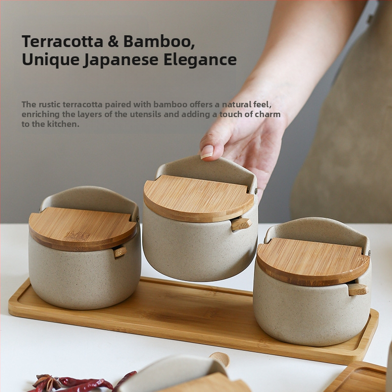 Японски Ins Висококачествен кухненски буркан за подправки Комплект кутии за подправки Домашен керамичен буркан за подправки Буркан за сол с капак Нов продукт