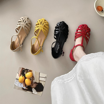 Sandale de vară plate de dimensiuni mari, franțuzești, retro, cu țesături din cușcă de porc, sandale pentru femei, furnizare directă transfrontalieră, transmisie live exclusivă, en-gros