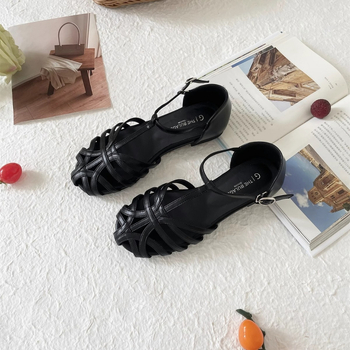 Sandale de vară plate de dimensiuni mari, franțuzești, retro, cu țesături din cușcă de porc, sandale pentru femei, furnizare directă transfrontalieră, transmisie live exclusivă, en-gros