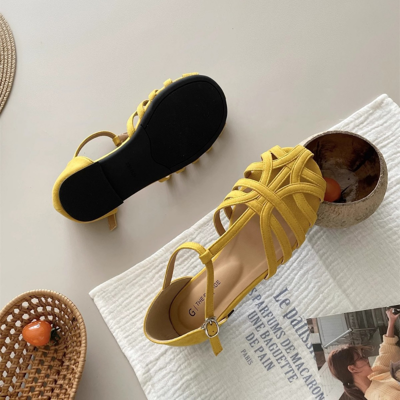 Sandale de vară plate de dimensiuni mari, franțuzești, retro, cu țesături din cușcă de porc, sandale pentru femei, furnizare directă transfrontalieră, transmisie live exclusivă, en-gros