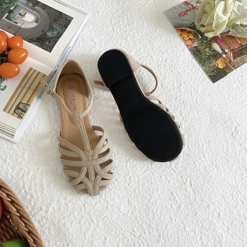 Sandale de vară plate de dimensiuni mari, franțuzești, retro, cu țesături din cușcă de porc, sandale pentru femei, furnizare directă transfrontalieră, transmisie live exclusivă, en-gros