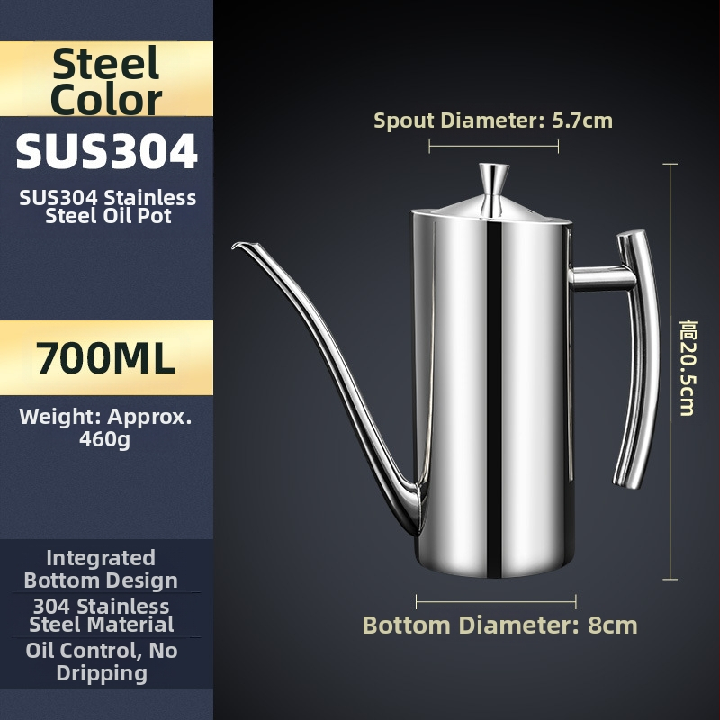 Nerūdijančio plieno aliejaus puodas, 304 klasės virtuvės europietiško stiliaus puodas, kūrybingas valgomojo aliejaus puodas, kurį galima atnaujinti iki nepralaidžios 700–500 ml talpos