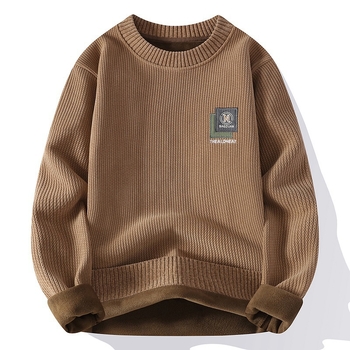 Egyszínű, kerek nyakú, polár bélésű férfi pulóver őszi és téli új, egyszerű alaping, divatos, csinos, meleg pulóver