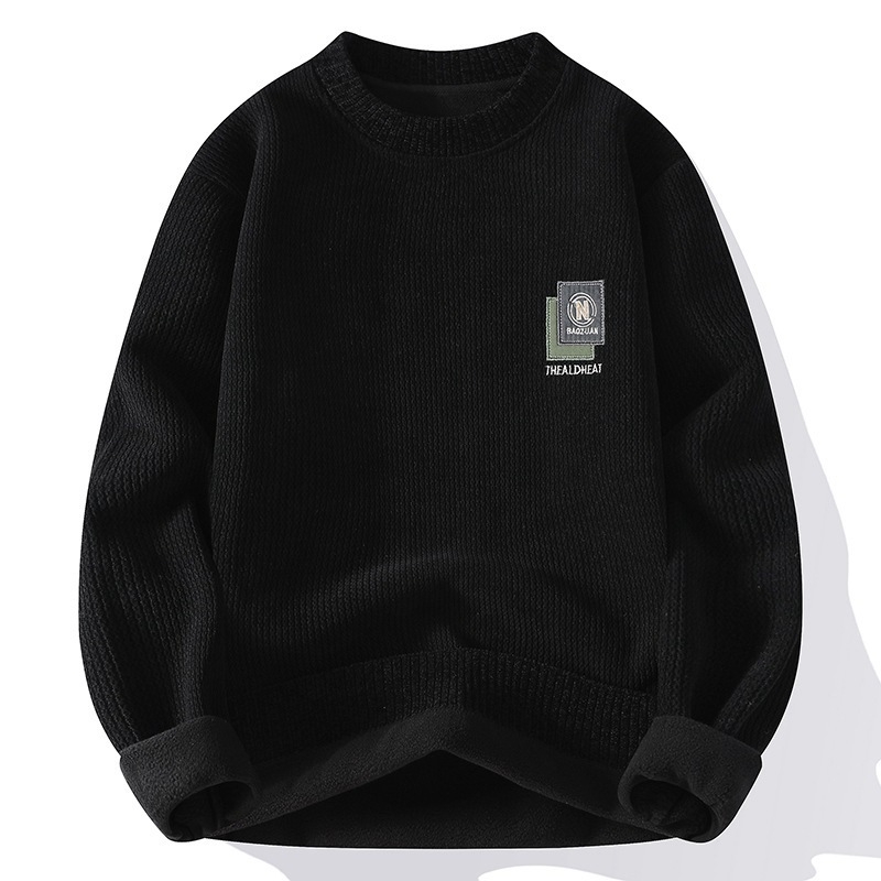 Egyszínű, kerek nyakú, polár bélésű férfi pulóver őszi és téli új, egyszerű alaping, divatos, csinos, meleg pulóver