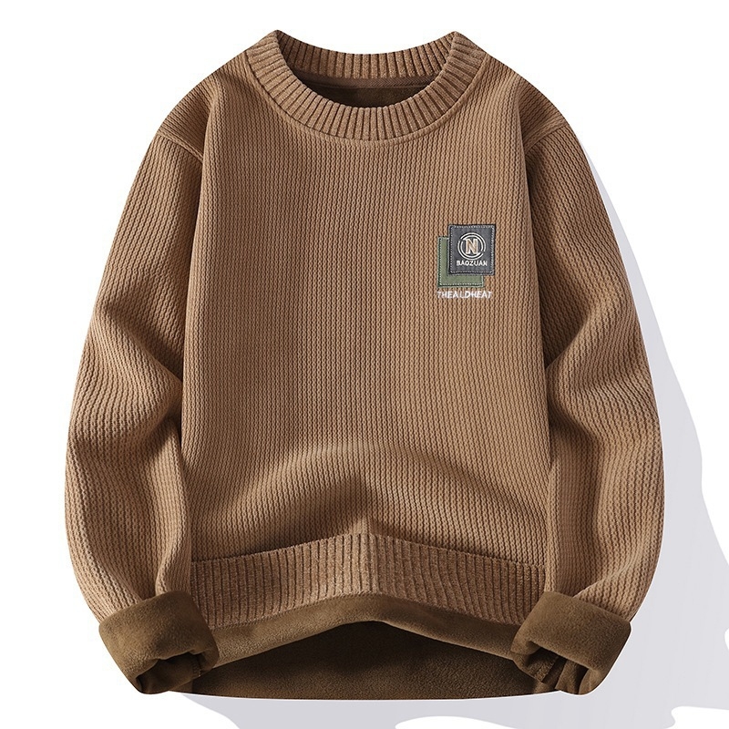 Egyszínű, kerek nyakú, polár bélésű férfi pulóver őszi és téli új, egyszerű alaping, divatos, csinos, meleg pulóver
