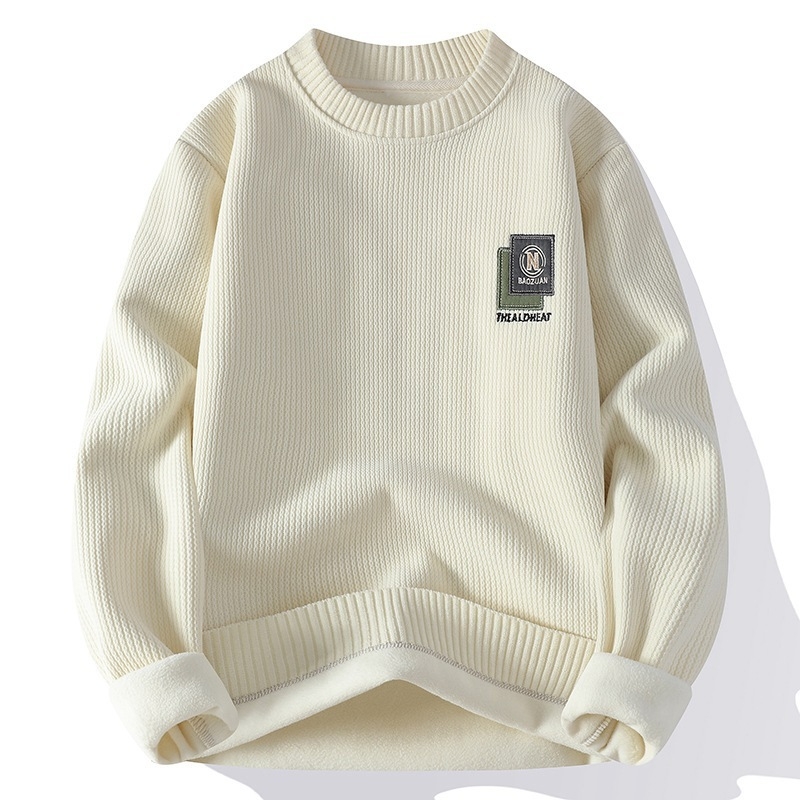 Egyszínű, kerek nyakú, polár bélésű férfi pulóver őszi és téli új, egyszerű alaping, divatos, csinos, meleg pulóver
