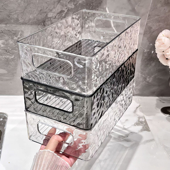 Kiváló minőségű akril kozmetikai kiegészítő tárolókosár, világos, luxus gleccsermintás, egymásra rakható, átlátszó asztali tárolódoboz