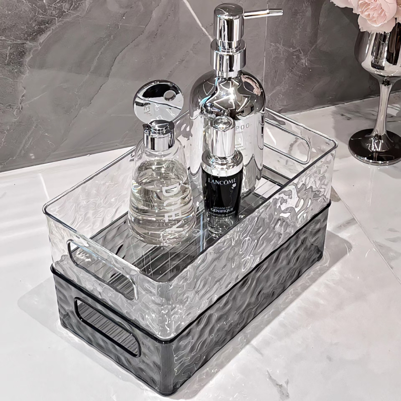 Kiváló minőségű akril kozmetikai kiegészítő tárolókosár, világos, luxus gleccsermintás, egymásra rakható, átlátszó asztali tárolódoboz