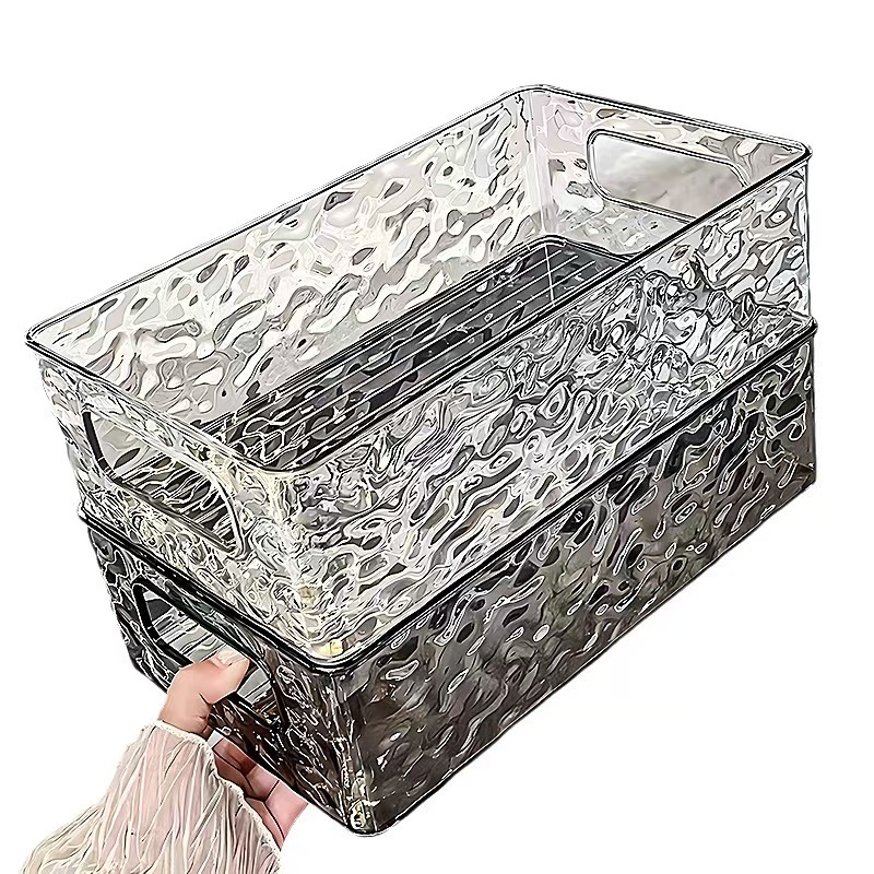 Kiváló minőségű akril kozmetikai kiegészítő tárolókosár, világos, luxus gleccsermintás, egymásra rakható, átlátszó asztali tárolódoboz