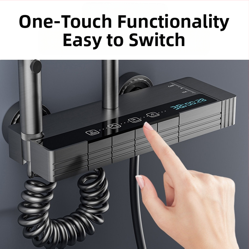 Нов комплект душ за баня с душ тип „тропически дъжд“ с многофункционален бутон за пръскане, превключвател и околна светлина, пълен комплект с цифров дисплей за душ