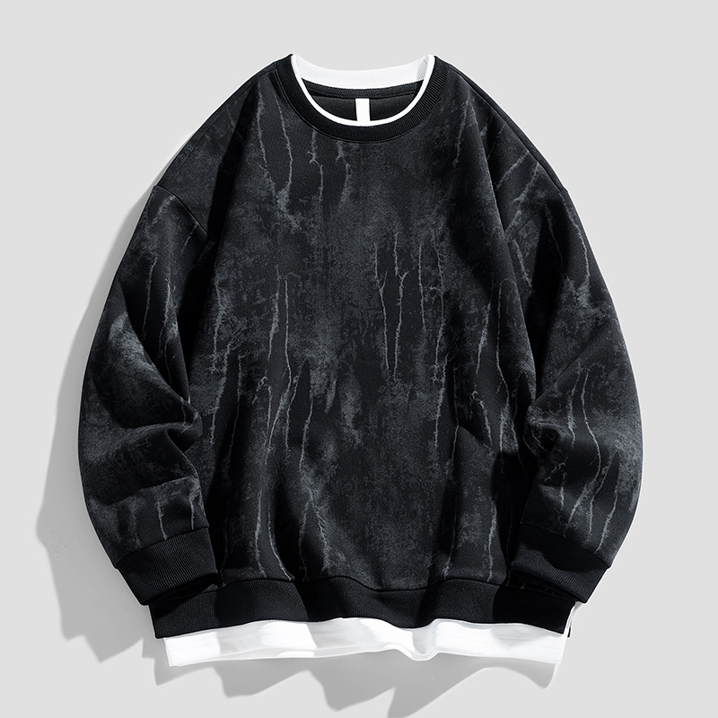 Férfi kerek nyakú pulóver, új őszi trendi márka, amerikai stílusú, nehézsúlyú, szabálytalan mintás, hamis kétrészes, hosszú ujjú felső férfiaknak