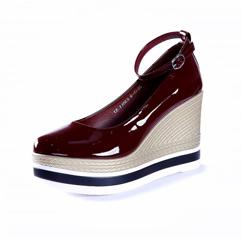 Pantofi cu toc înalt și talpă platformă Plus Size 2025, design de primăvară din piele lăcuită, cu cataramă pe o singură linie, curea superficială, vârful rotund, pantofi cu platformă pentru femei