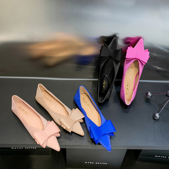 2873-H2 Κορεάτικα μοντέρνα άνετα γυναικεία παπούτσια, φλατ παπούτσια με ρηχό στόμα, μυτερό σατέν φιόγκο, φλατ τακούνι