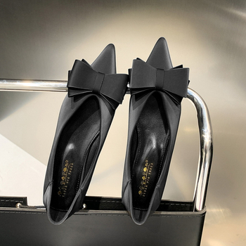 2873-H2 Κορεάτικα μοντέρνα άνετα γυναικεία παπούτσια, φλατ παπούτσια με ρηχό στόμα, μυτερό σατέν φιόγκο, φλατ τακούνι