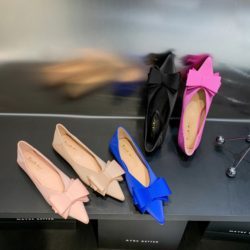 2873-H2 Koreai divatos, kényelmes, édes női cipők, lapos talpú, sekély szájú, hegyes sarkú, szatén masnival díszített, lapos sarkú cipők