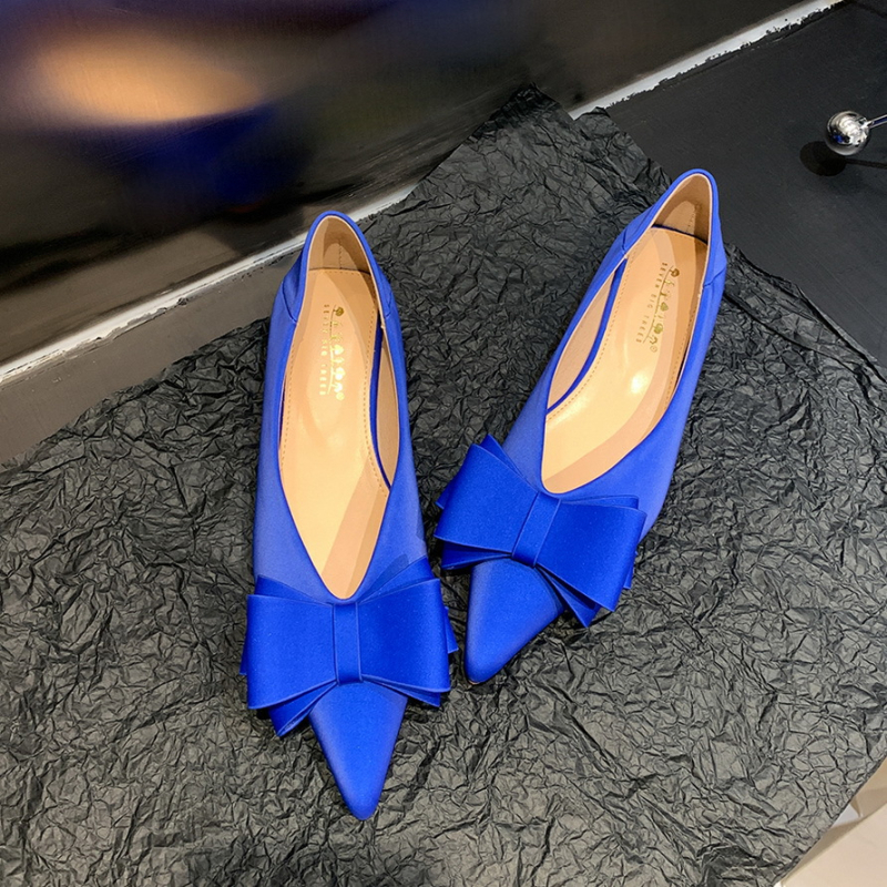 2873-H2 Koreai divatos, kényelmes, édes női cipők, lapos talpú, sekély szájú, hegyes sarkú, szatén masnival díszített, lapos sarkú cipők