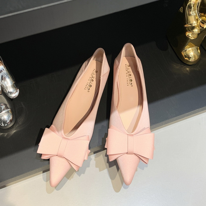 2873-H2 Koreai divatos, kényelmes, édes női cipők, lapos talpú, sekély szájú, hegyes sarkú, szatén masnival díszített, lapos sarkú cipők