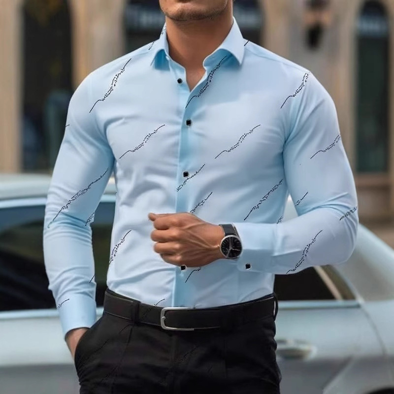 2025 Új, határokon átnyúló, európai és amerikai férfi ing, üzleti, lezser, négyirányú, rugalmas, nyomtatott, vékony, ránctalanító, hosszú ujjú ing