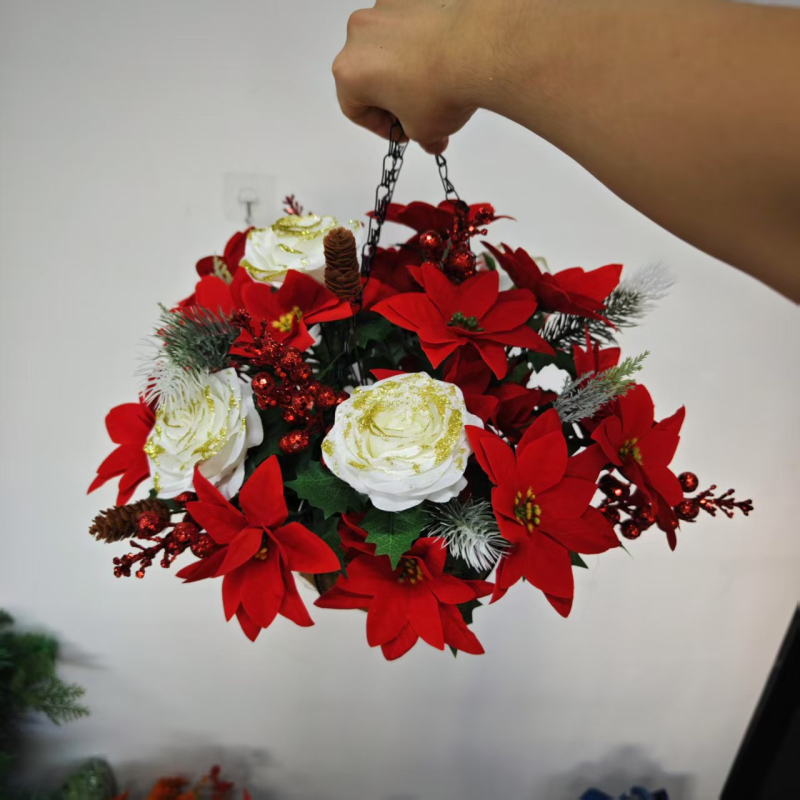 Mikulásvirág művirág függőkosár karácsonyi koszorú dekoráció ünnepi ajtóliliom vas virágkosár medál