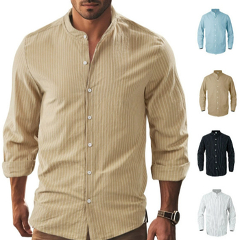 2025 Új Férfi Laza, Lezser, Ünnepi Stílusú, Hosszú Ujjú, Koreai Lenvászon Állógalléros Hosszú Ujjú Ing