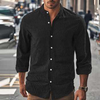 Νέο ανδρικό χαλαρό, casual, εορταστικό πουκάμισο με μακριά μανίκια για άνδρες του 2025, κορεάτικο λινό πουκάμισο με όρθιο γιακά και μακριά μανίκια