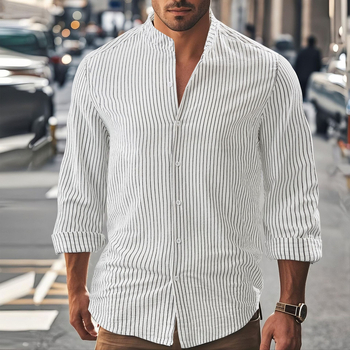 Νέο ανδρικό χαλαρό, casual, εορταστικό πουκάμισο με μακριά μανίκια για άνδρες του 2025, κορεάτικο λινό πουκάμισο με όρθιο γιακά και μακριά μανίκια