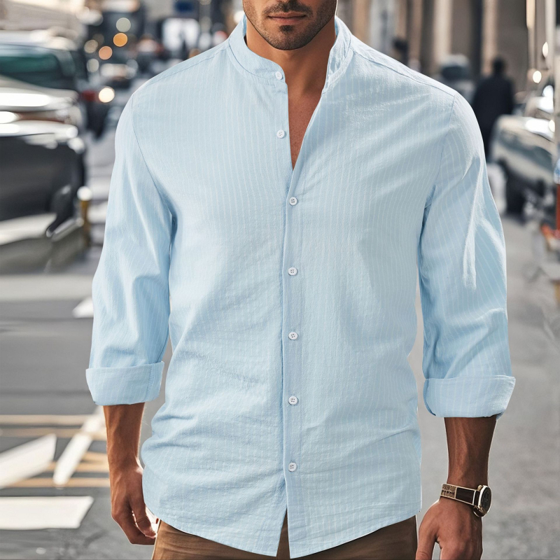 2025 Új Férfi Laza, Lezser, Ünnepi Stílusú, Hosszú Ujjú, Koreai Lenvászon Állógalléros Hosszú Ujjú Ing