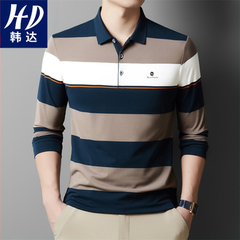 Νέο μακρυμάνικο μπλουζάκι μέσης ηλικίας για άνδρες, Φθινόπωρο και Χειμώνας 2024, πολύχρωμο ριγέ τοπ με χαλαρή βάση για μεσήλικες μπαμπάδες