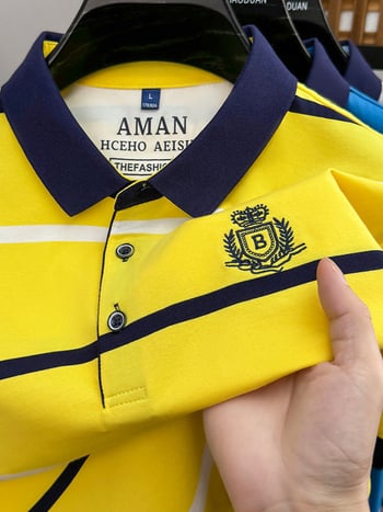 Класическа мъжка раирана тениска с къс ръкав, лятна, нова, къса тениска с ревер, базова риза, топ бизнес поло риза