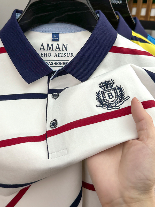 Класическа мъжка раирана тениска с къс ръкав, лятна, нова, къса тениска с ревер, базова риза, топ бизнес поло риза