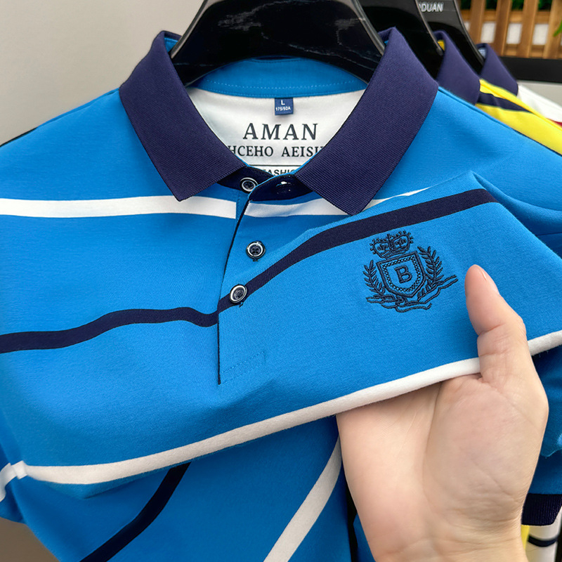 Класическа мъжка раирана тениска с къс ръкав, лятна, нова, къса тениска с ревер, базова риза, топ бизнес поло риза