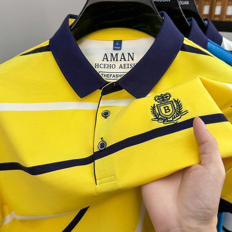 Класическа мъжка раирана тениска с къс ръкав, лятна, нова, къса тениска с ревер, базова риза, топ бизнес поло риза