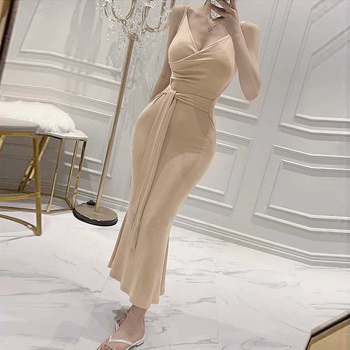 Dongdaemun της Νότιας Κορέας, κομψό, θηλυκό και σέξι φόρεμα με V λαιμόκοψη και κορδόνια που σχηματίζει τη μέση, μακρύ τιράντες