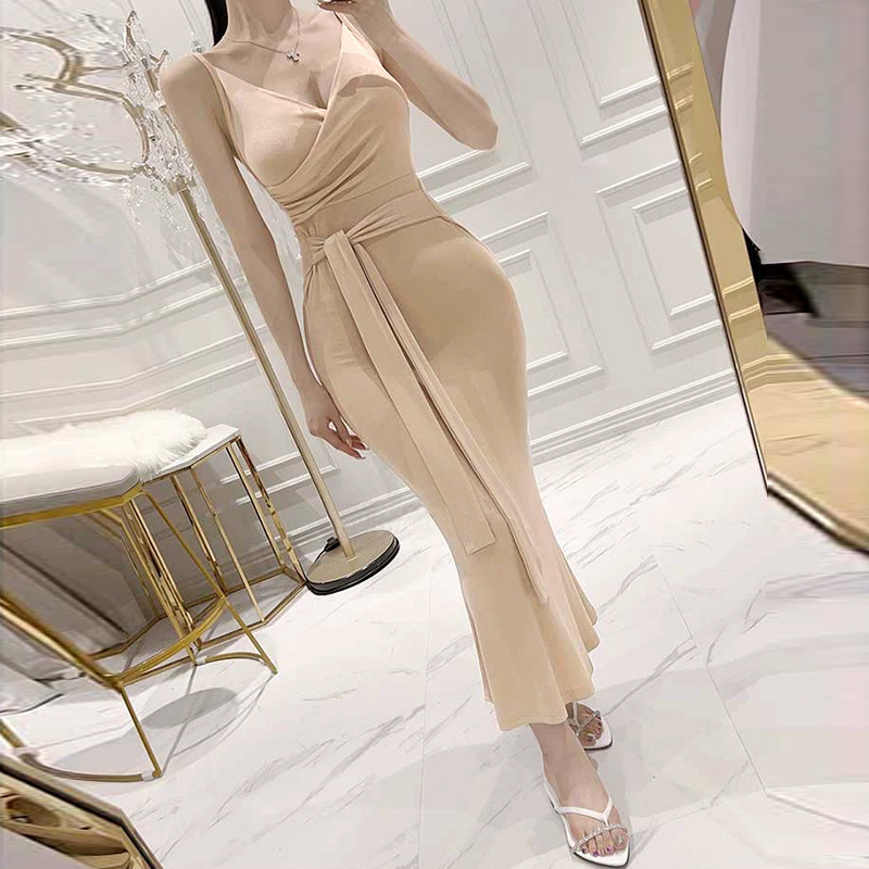 Dél-Korea Dongdaemunja, elegáns, nőies és szexi, V-nyakú, fűzős, derékformáló, hosszú, harisnyatartós ruhája