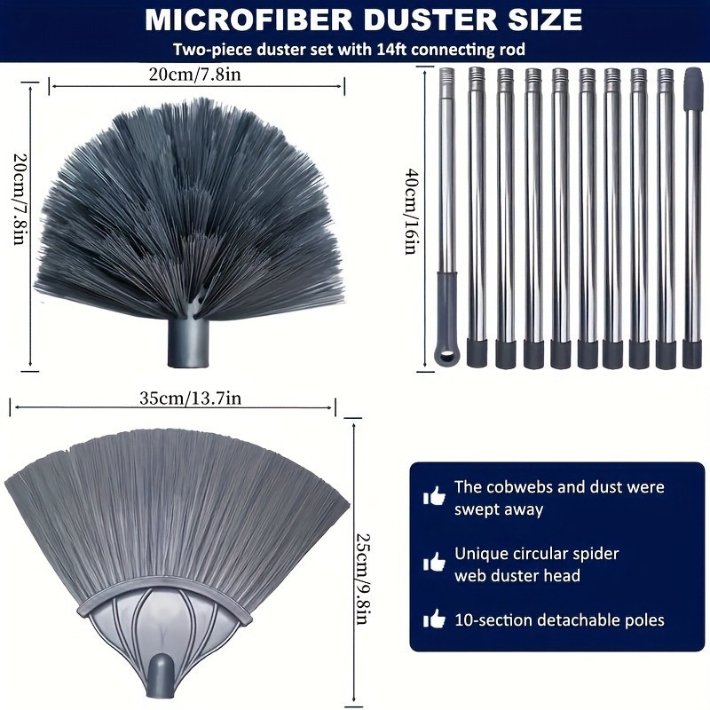 425 cm itin ilga dulkių valymo šluota, 2 keičiamos galvutės, lubų, sienų valymo artefaktas, reguliuojamas ilgis