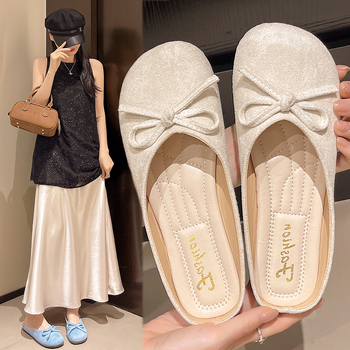 Γυναικείες παντόφλες με μαλακή σόλα και κλείσιμο στα δάχτυλα, μεγάλα μεγέθη, με φιόγκο, καλοκαιρινές εξωτερικές ενδυμασίες 2025, νέο στυλ με φούστα, φλατ σανδάλια