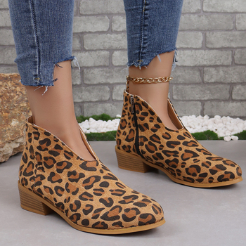 Európai és amerikai külkereskedelmi molett vastag sarkú, kerek orrú, leopárdmintás rövid csizma Női vékony, V-kivágású, lapos, egyszínű, velúr bokacsizma Amazon